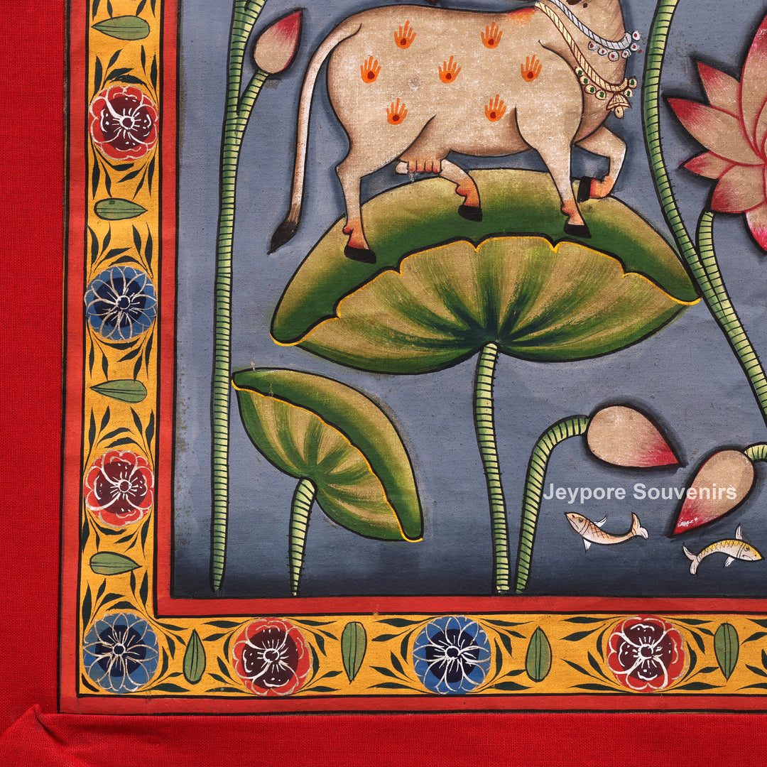 Handcrafted Pichwai Shrinathji Lotus Painting on Cotton Cloth