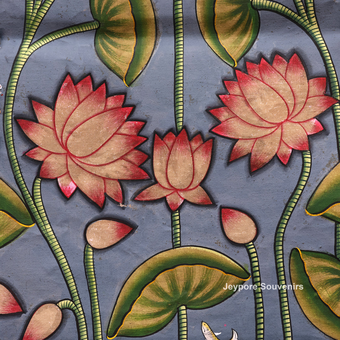 Handcrafted Pichwai Shrinathji Lotus Painting on Cotton Cloth