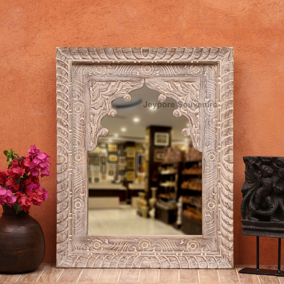 Hand-Carved Wooden Jharokha Wall Mirror with rustic Finish