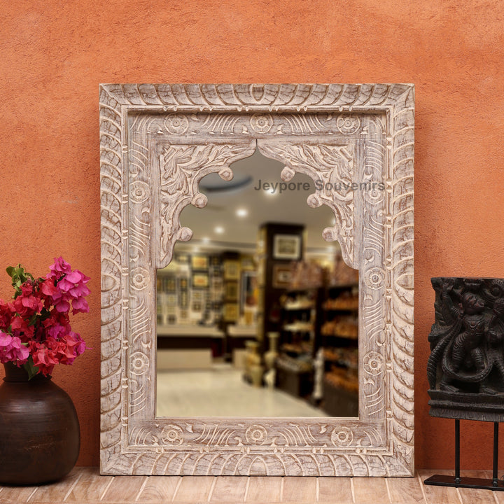 Hand-Carved Wooden Jharokha Wall Mirror with rustic Finish