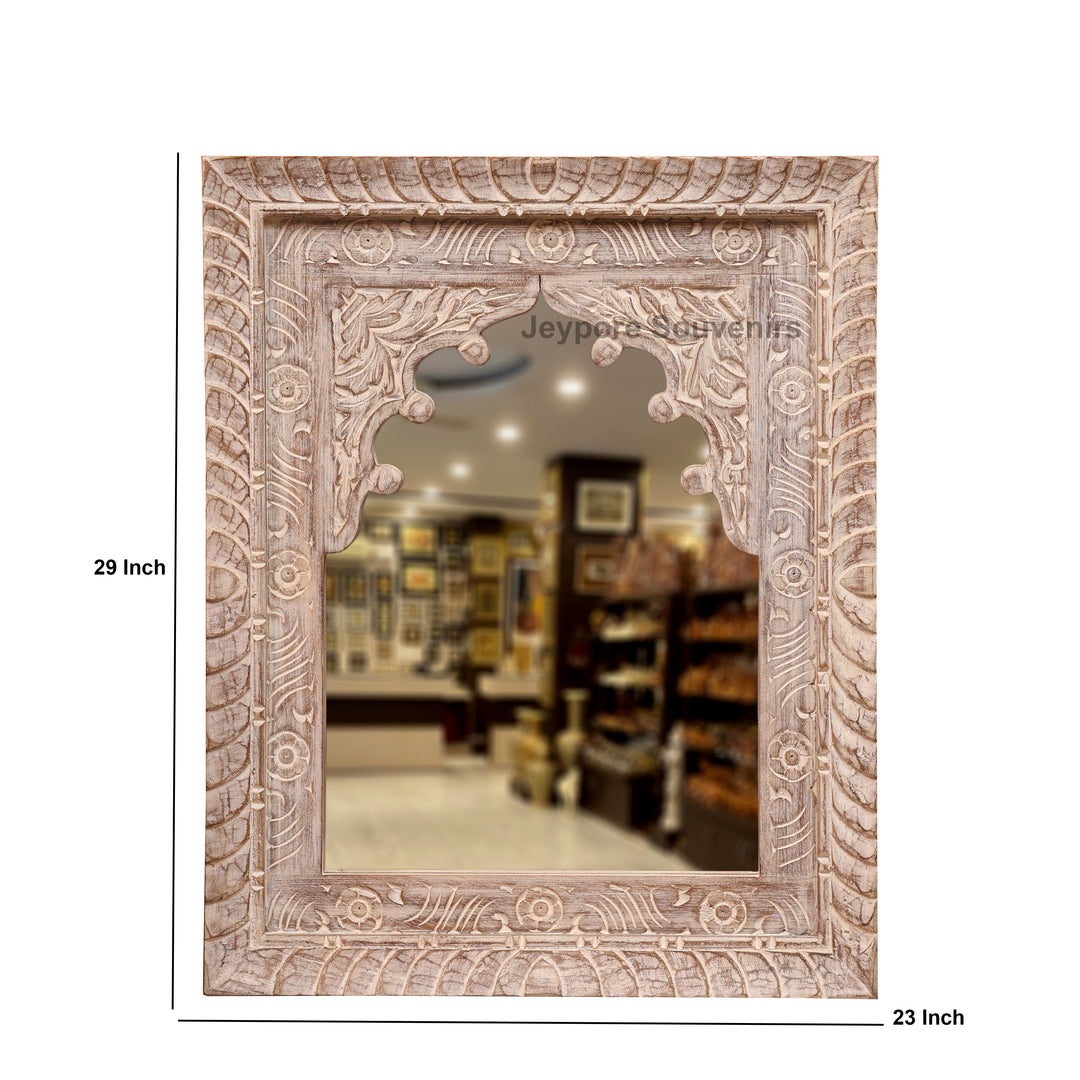 Hand-Carved Wooden Jharokha Wall Mirror with rustic Finish