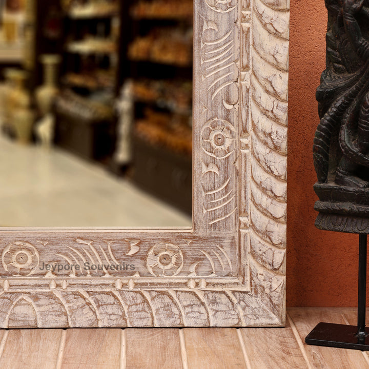 Hand-Carved Wooden Jharokha Wall Mirror with rustic Finish