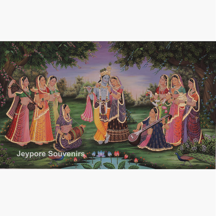 Krishna Flute with Gopis in a Garden – Canvas Painting