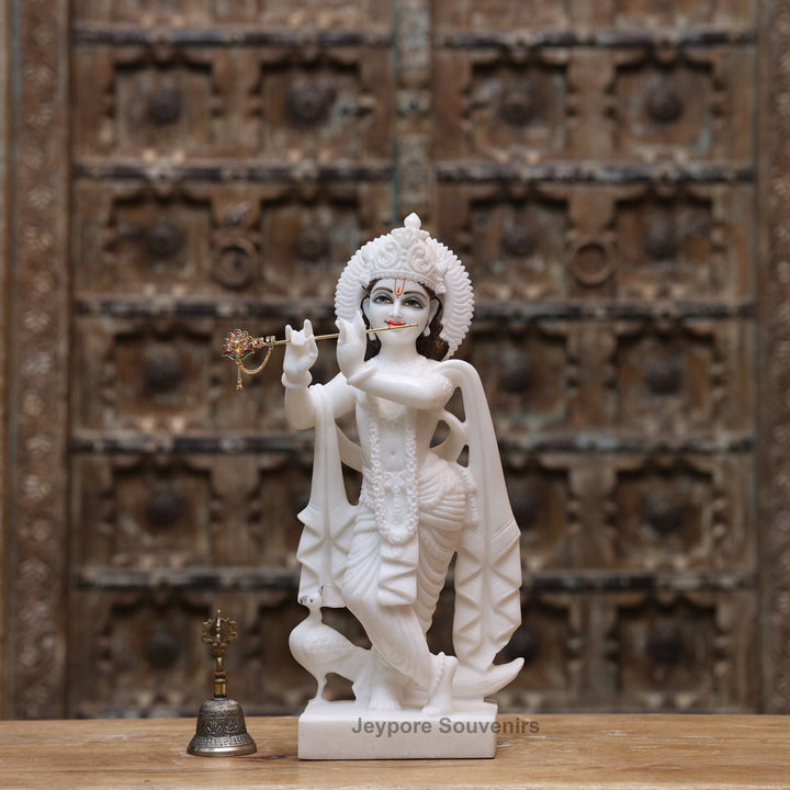 18" Pure White Marble Lord Krishna Statue
