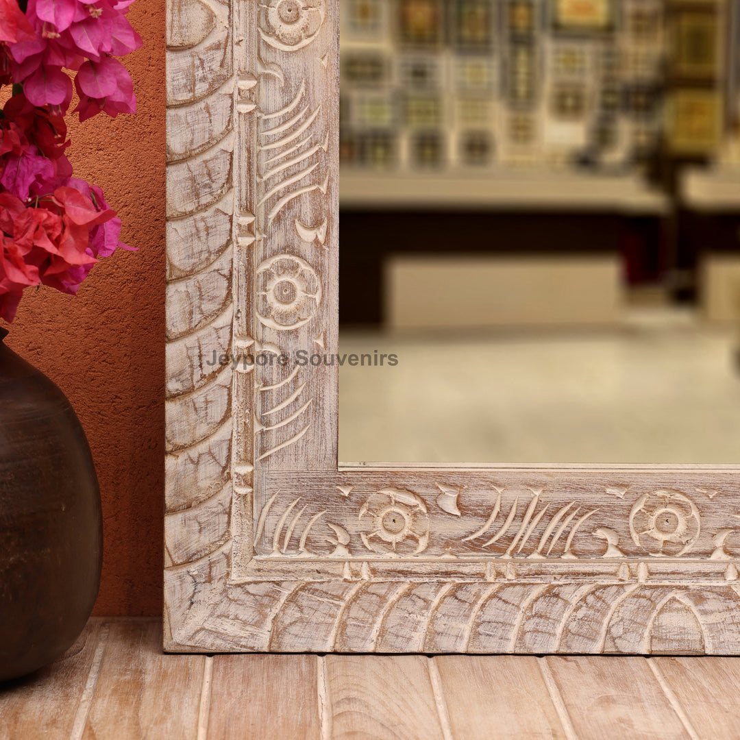 Hand-Carved Wooden Jharokha Wall Mirror with rustic Finish