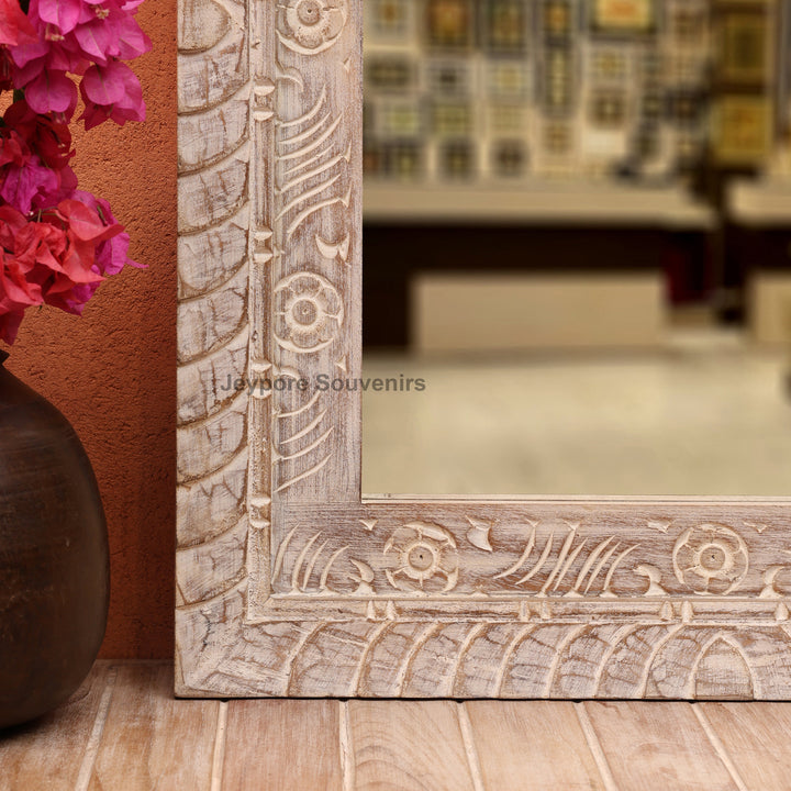Hand-Carved Wooden Jharokha Wall Mirror with rustic Finish
