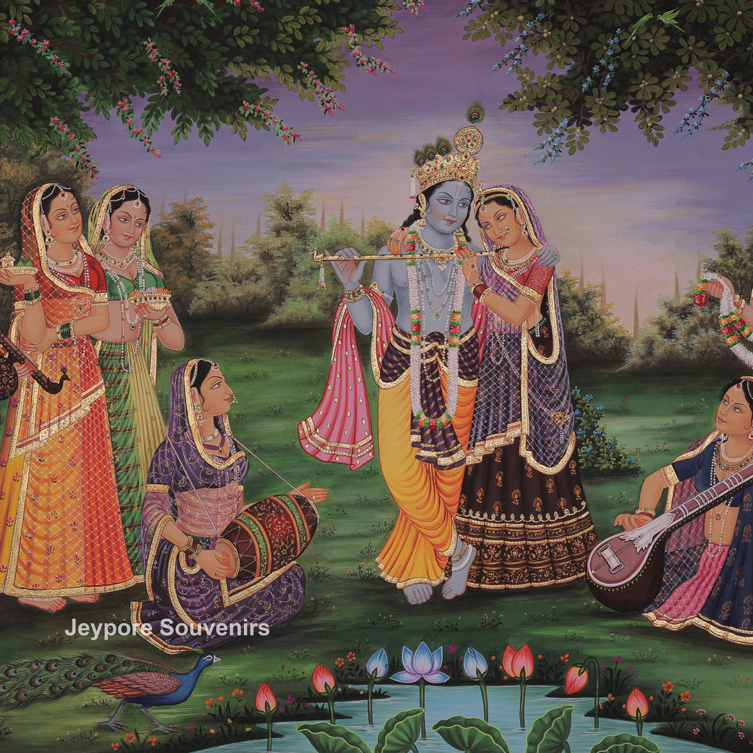 Krishna Flute with Gopis in a Garden – Canvas Painting