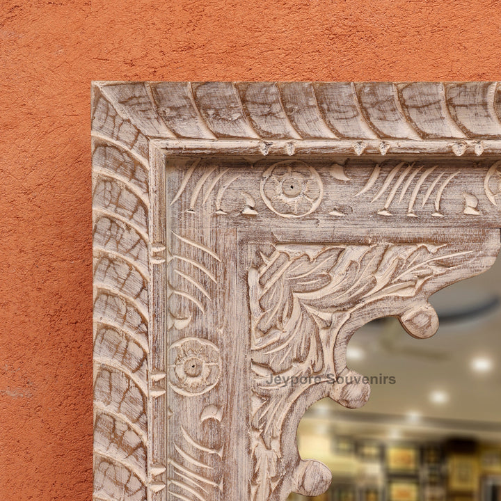 Hand-Carved Wooden Jharokha Wall Mirror with rustic Finish