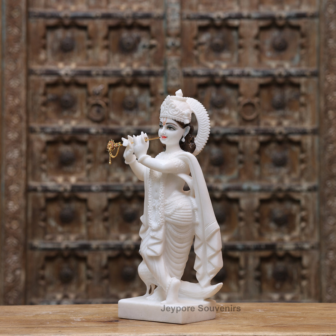 18" Pure White Marble Lord Krishna Statue