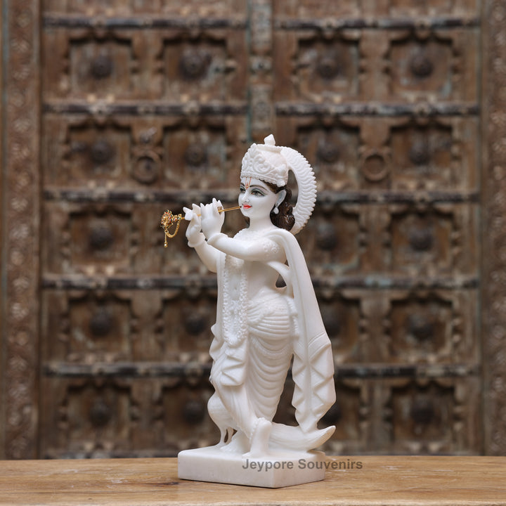 18" Pure White Marble Lord Krishna Statue