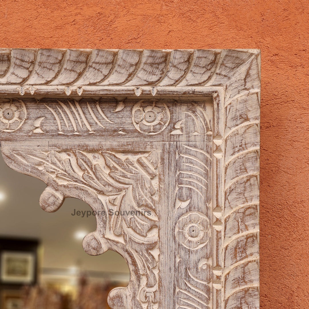 Hand-Carved Wooden Jharokha Wall Mirror with rustic Finish