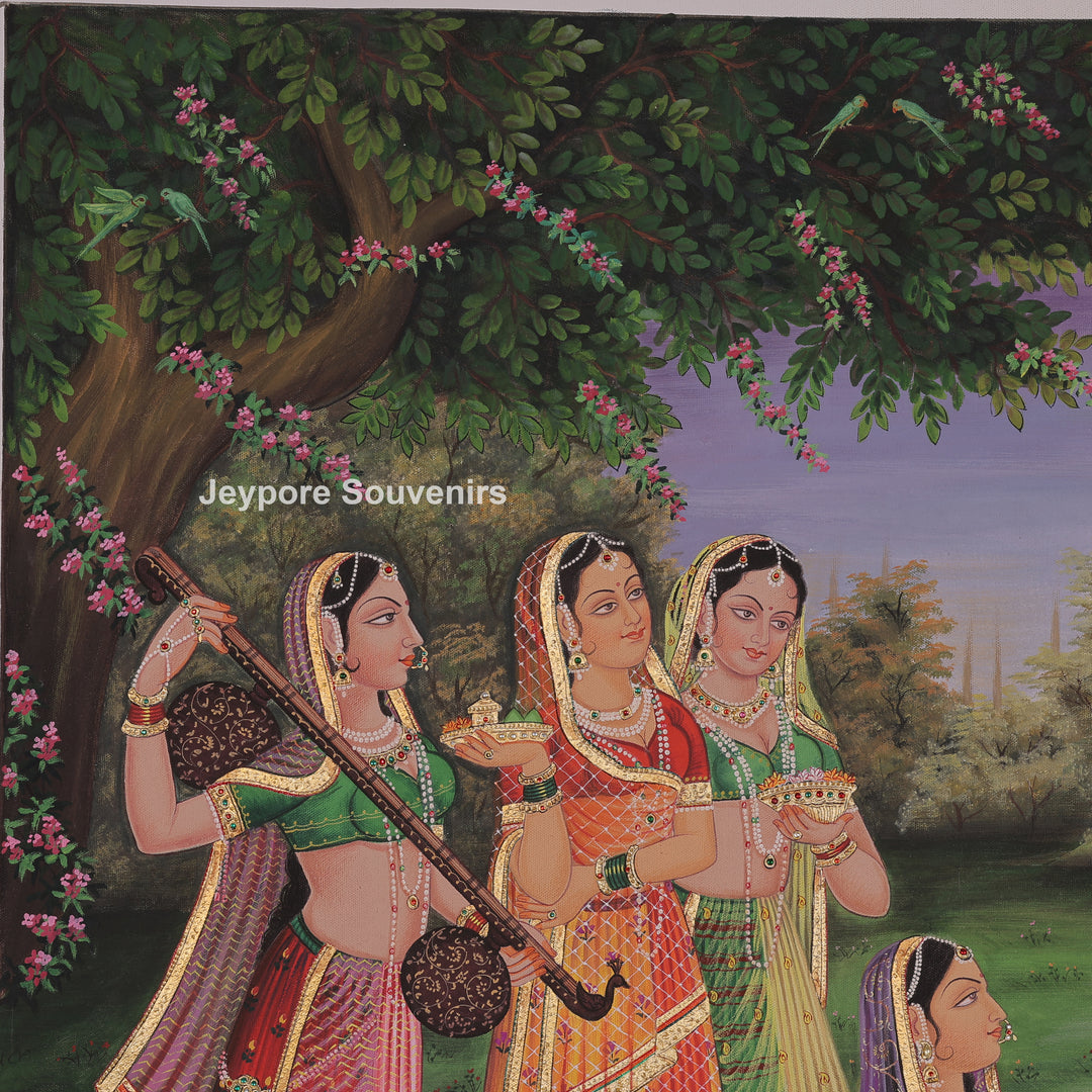 Krishna Flute with Gopis in a Garden – Canvas Painting