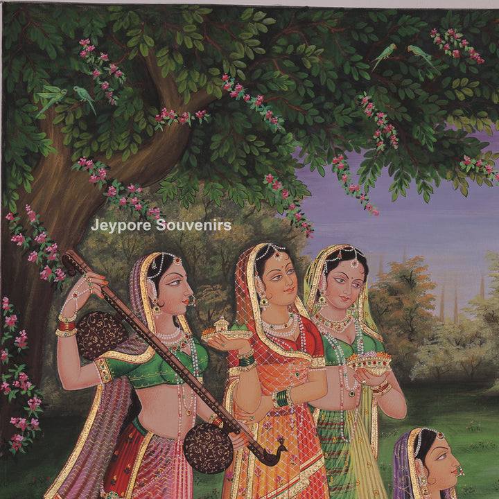 Krishna Flute with Gopis in a Garden – Canvas Painting