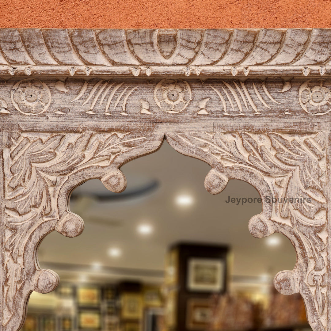 Hand-Carved Wooden Jharokha Wall Mirror with rustic Finish