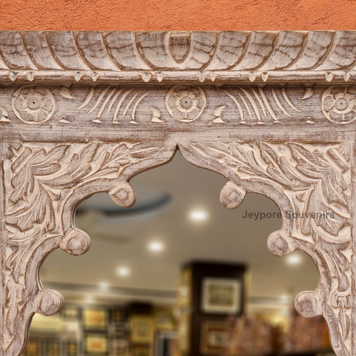 Hand-Carved Wooden Jharokha Wall Mirror with rustic Finish