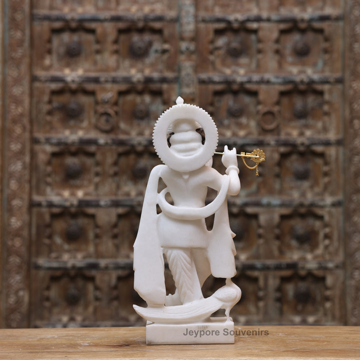 18" Pure White Marble Lord Krishna Statue