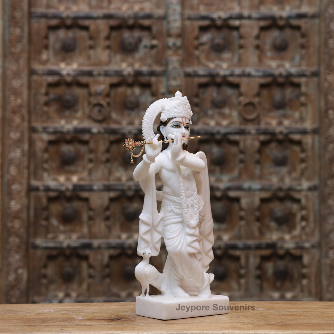 18" Pure White Marble Lord Krishna Statue