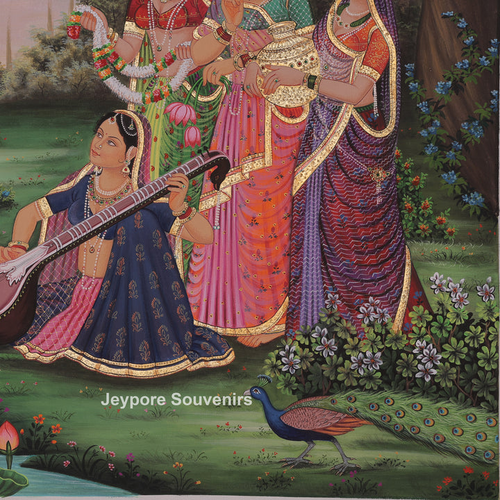 Krishna Flute with Gopis in a Garden – Canvas Painting
