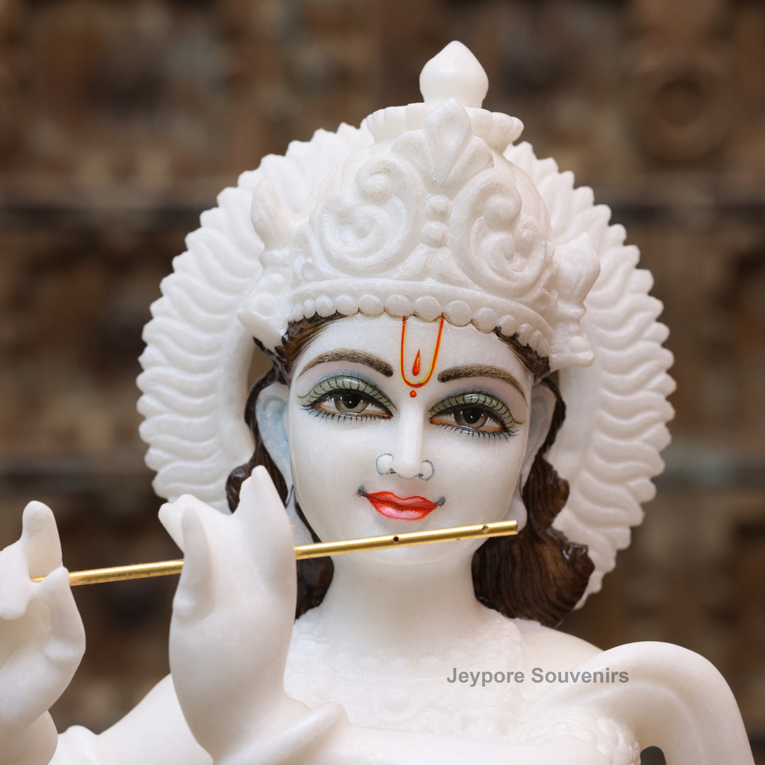 18" Pure White Marble Lord Krishna Statue