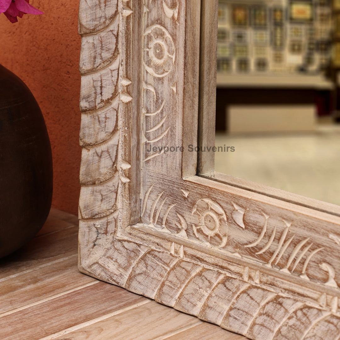 Hand-Carved Wooden Jharokha Wall Mirror with rustic Finish