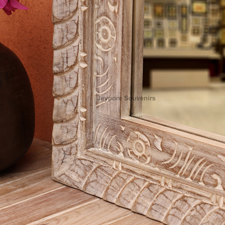Hand-Carved Wooden Jharokha Wall Mirror with rustic Finish