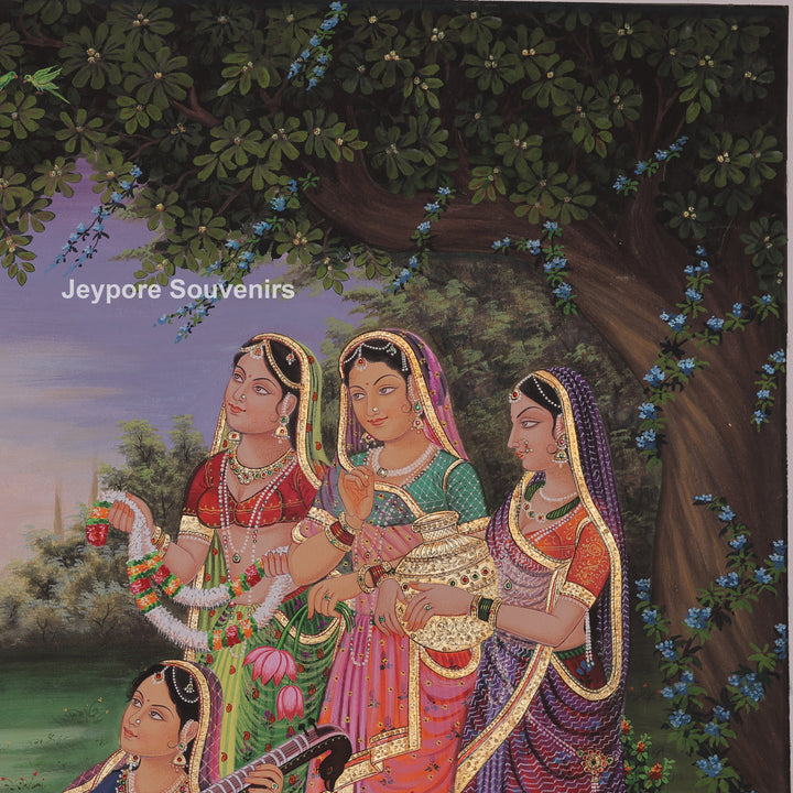Krishna Flute with Gopis in a Garden – Canvas Painting