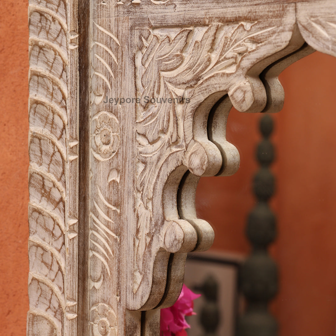 Hand-Carved Wooden Jharokha Wall Mirror with rustic Finish