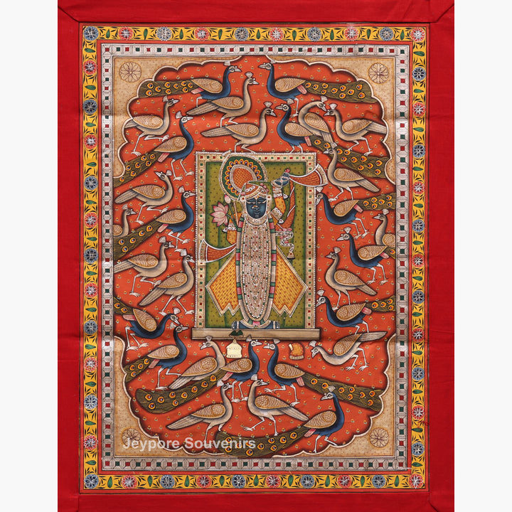 Handcrafted Pichwai Shrinath Ji with Peacock Motif Painting on Cotton Cloth