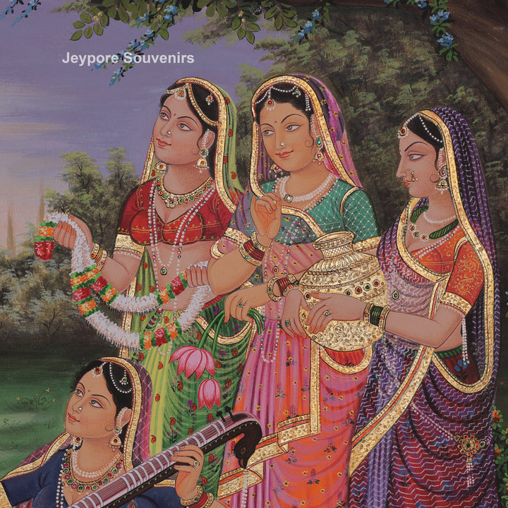 Krishna Flute with Gopis in a Garden – Canvas Painting