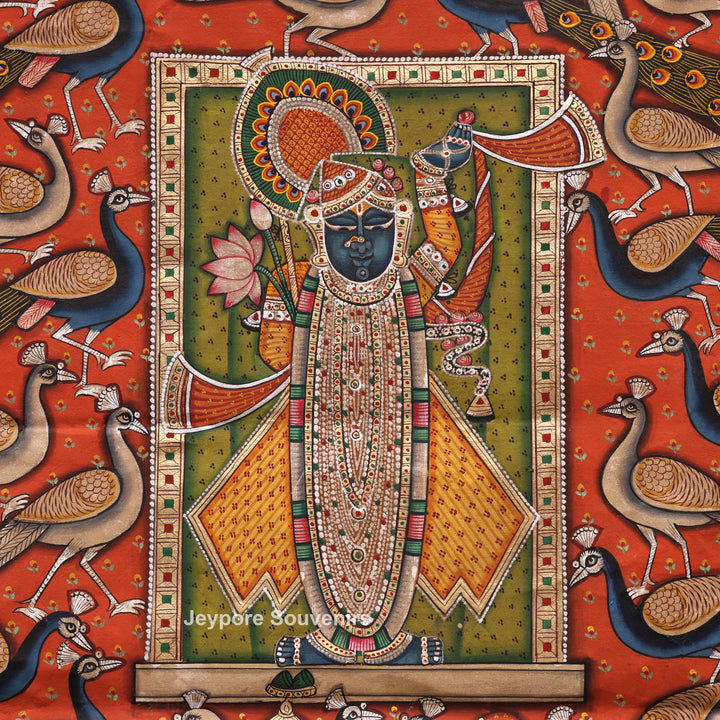 Handcrafted Pichwai Shrinath Ji with Peacock Motif Painting on Cotton Cloth