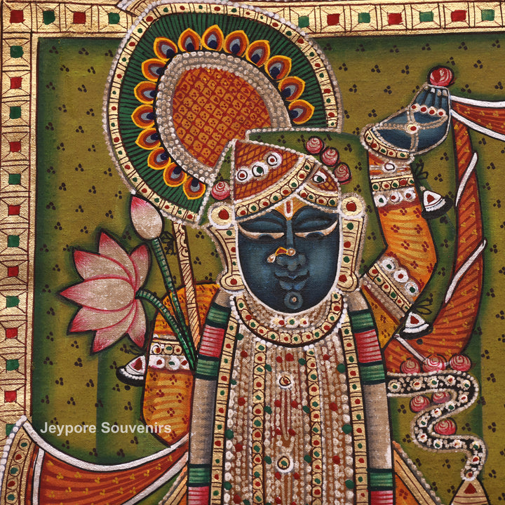 Handcrafted Pichwai Shrinath Ji with Peacock Motif Painting on Cotton Cloth