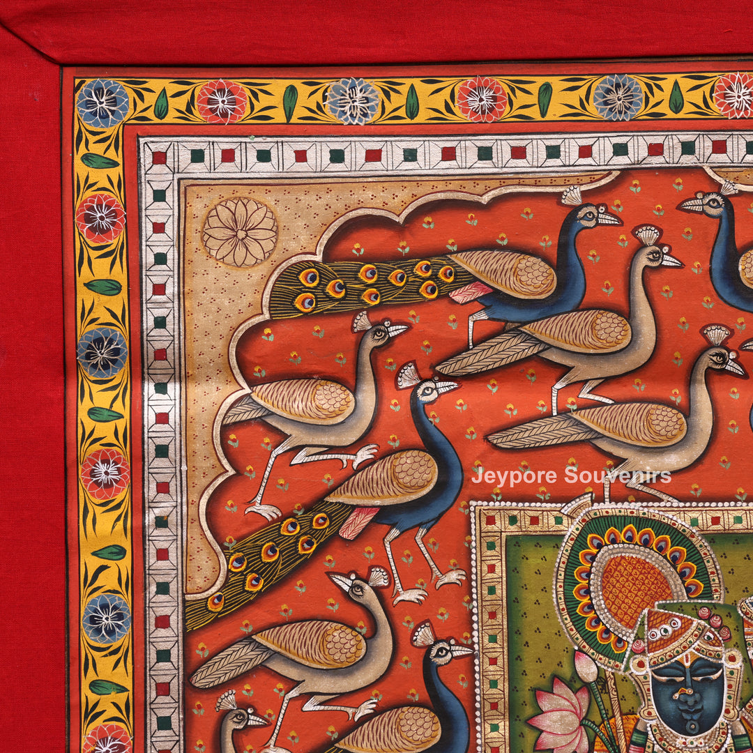 Handcrafted Pichwai Shrinath Ji with Peacock Motif Painting on Cotton Cloth