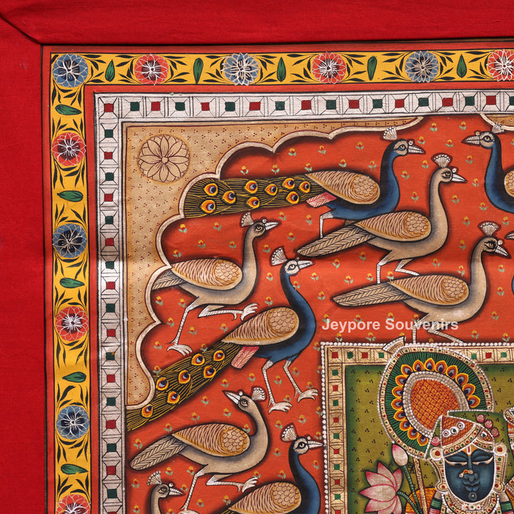 Handcrafted Pichwai Shrinath Ji with Peacock Motif Painting on Cotton Cloth