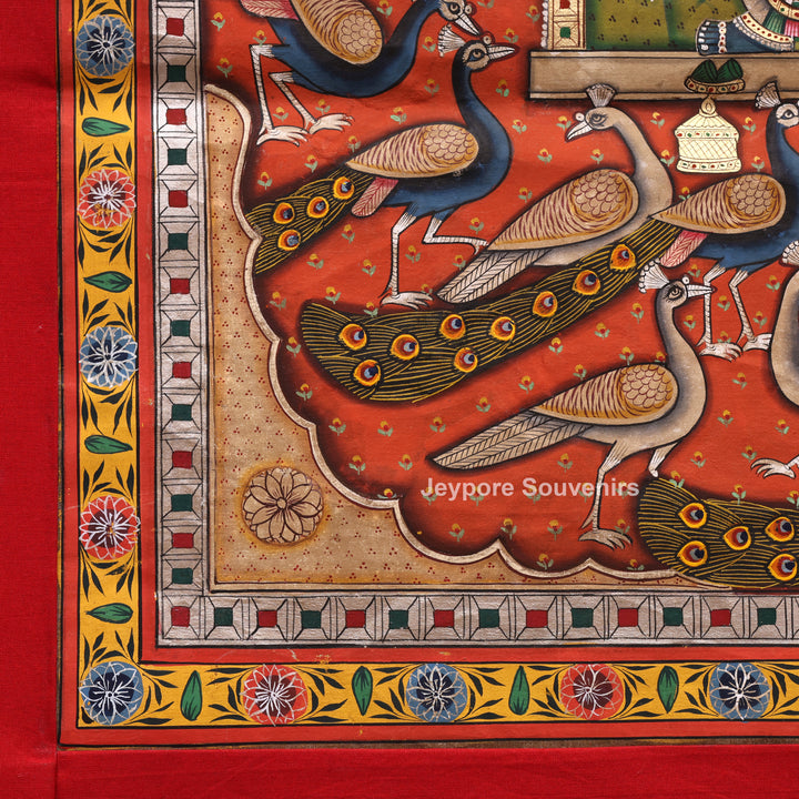 Handcrafted Pichwai Shrinath Ji with Peacock Motif Painting on Cotton Cloth