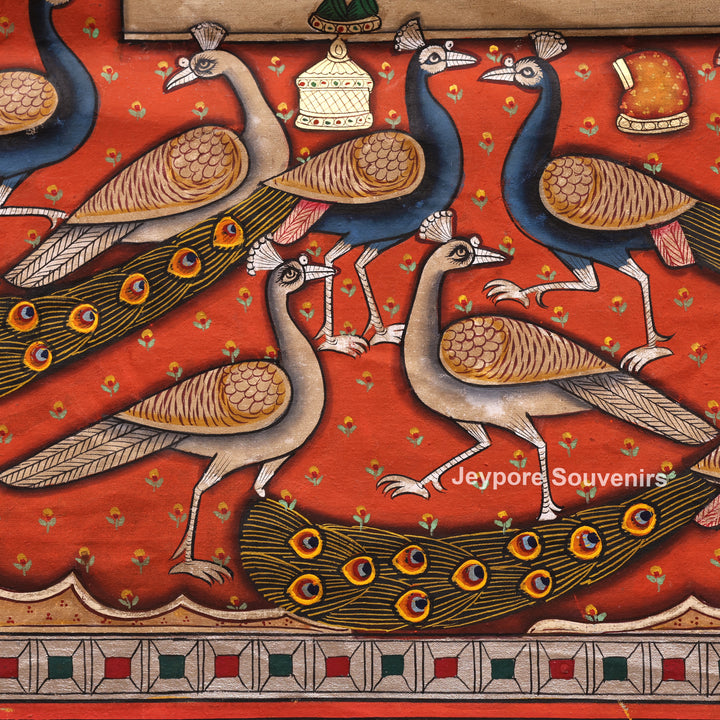 Handcrafted Pichwai Shrinath Ji with Peacock Motif Painting on Cotton Cloth