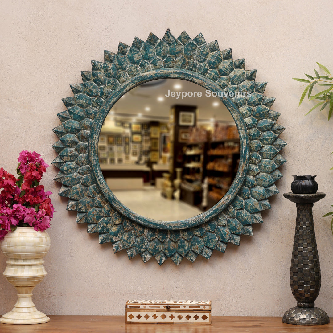 Hand-Carved Round Wooden Wall Mirror with Distressed Blue Finish