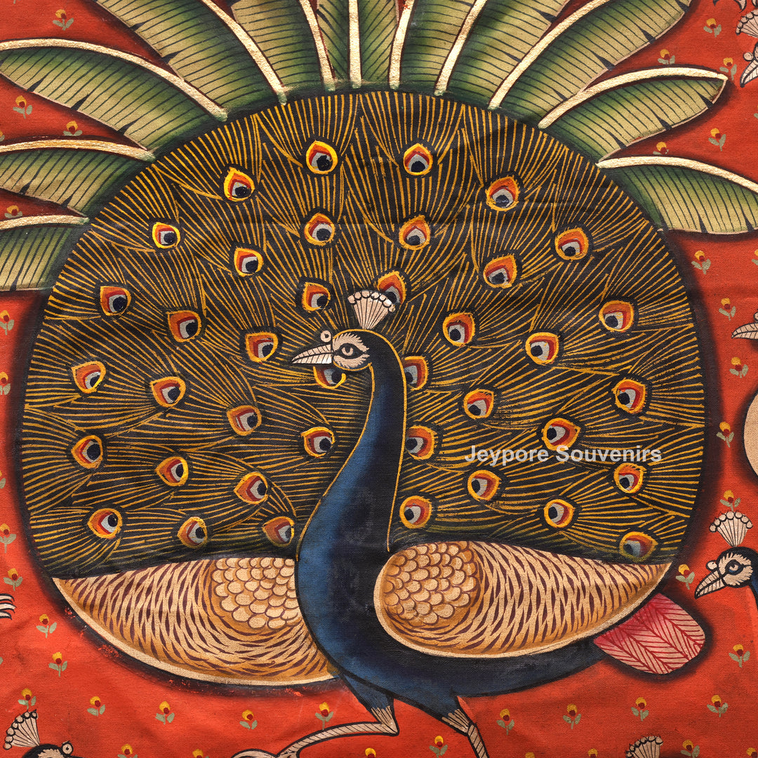 Handcrafted Peacock Pichwai Painting on Cotton Cloth