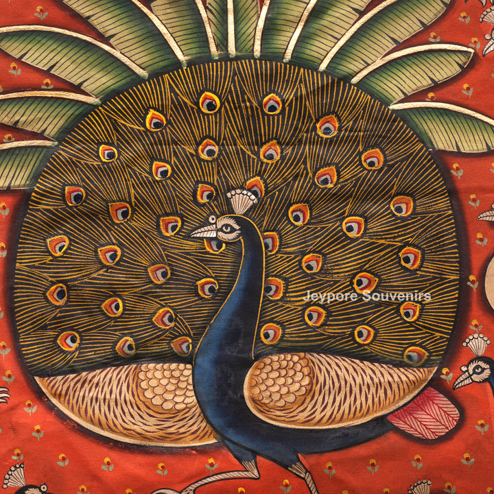 Handcrafted Peacock Pichwai Painting on Cotton Cloth