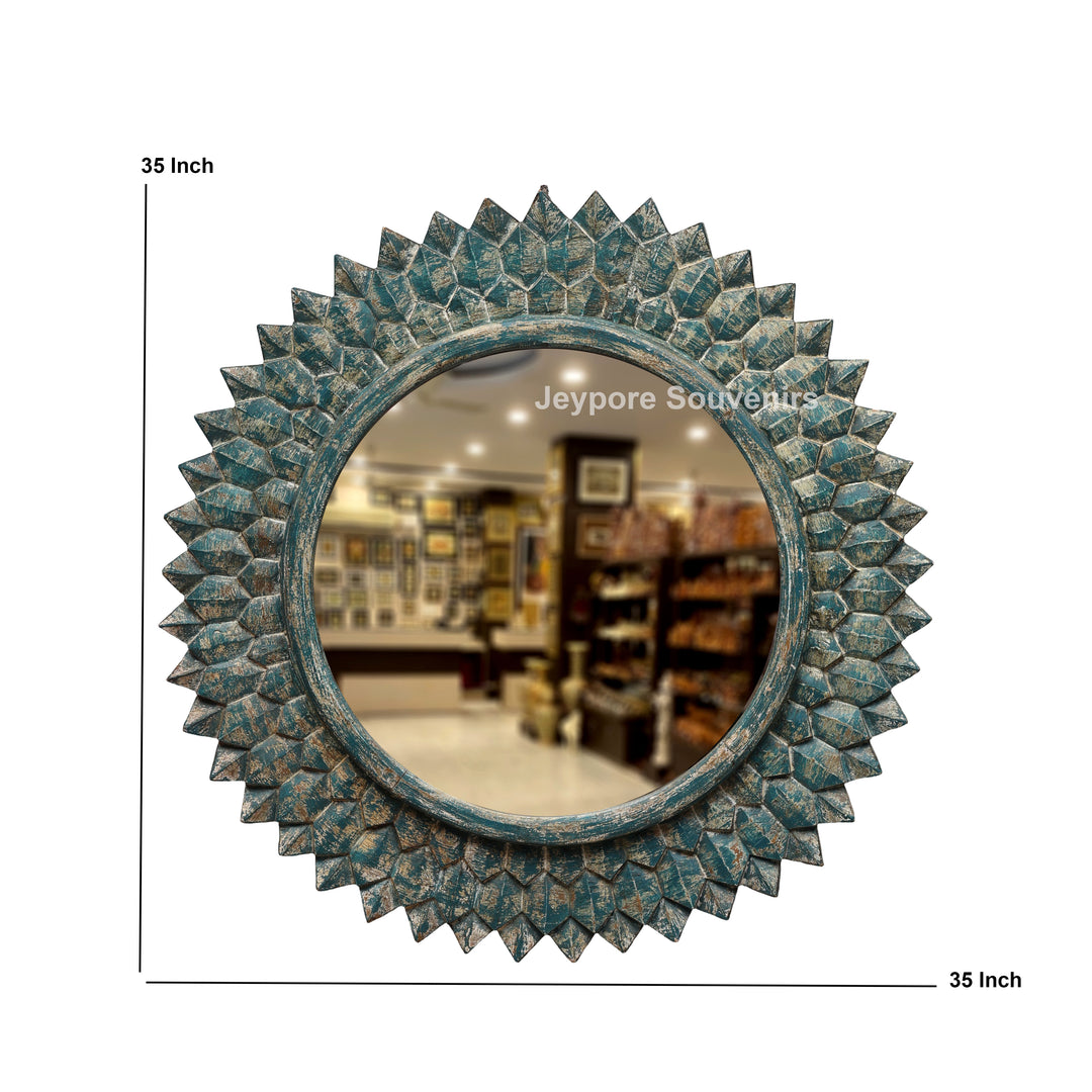 Hand-Carved Round Wooden Wall Mirror with Distressed Blue Finish