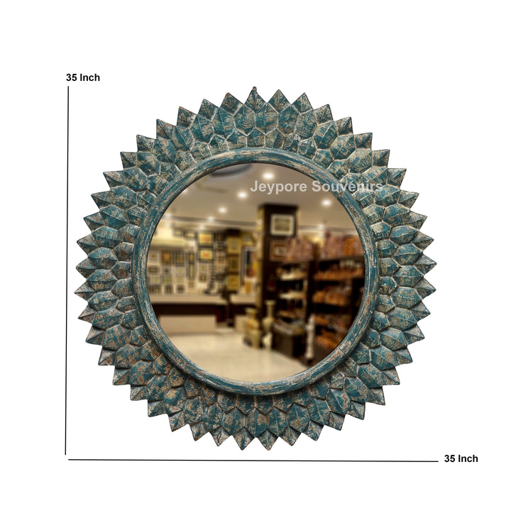 Hand-Carved Round Wooden Wall Mirror with Distressed Blue Finish