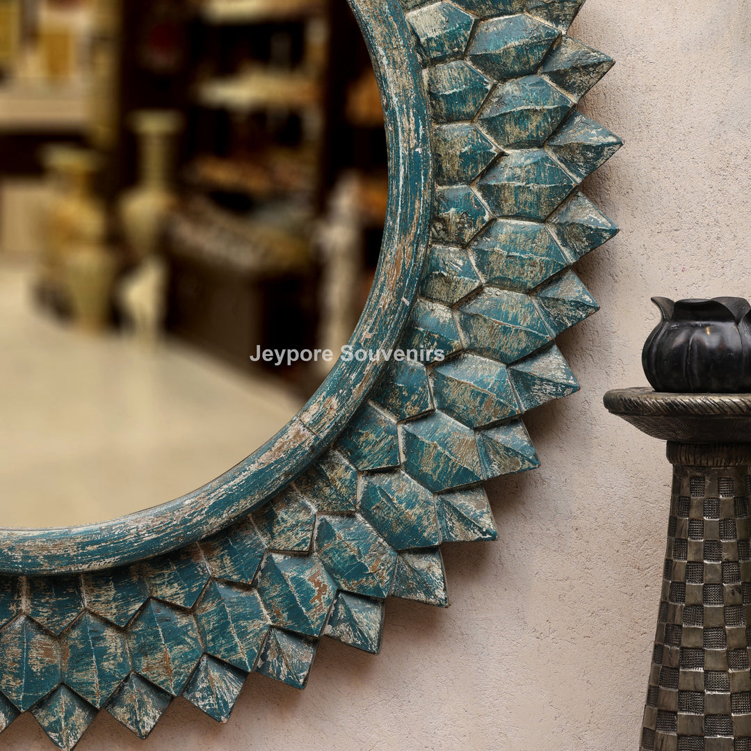 Hand-Carved Round Wooden Wall Mirror with Distressed Blue Finish