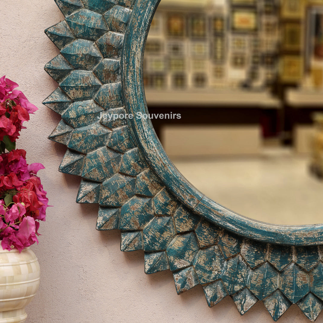 Hand-Carved Round Wooden Wall Mirror with Distressed Blue Finish