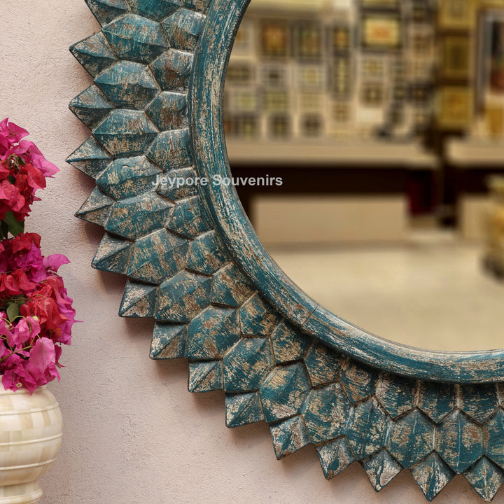 Hand-Carved Round Wooden Wall Mirror with Distressed Blue Finish