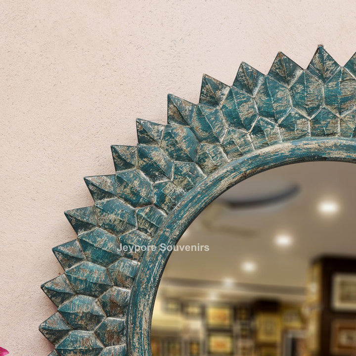 Hand-Carved Round Wooden Wall Mirror with Distressed Blue Finish