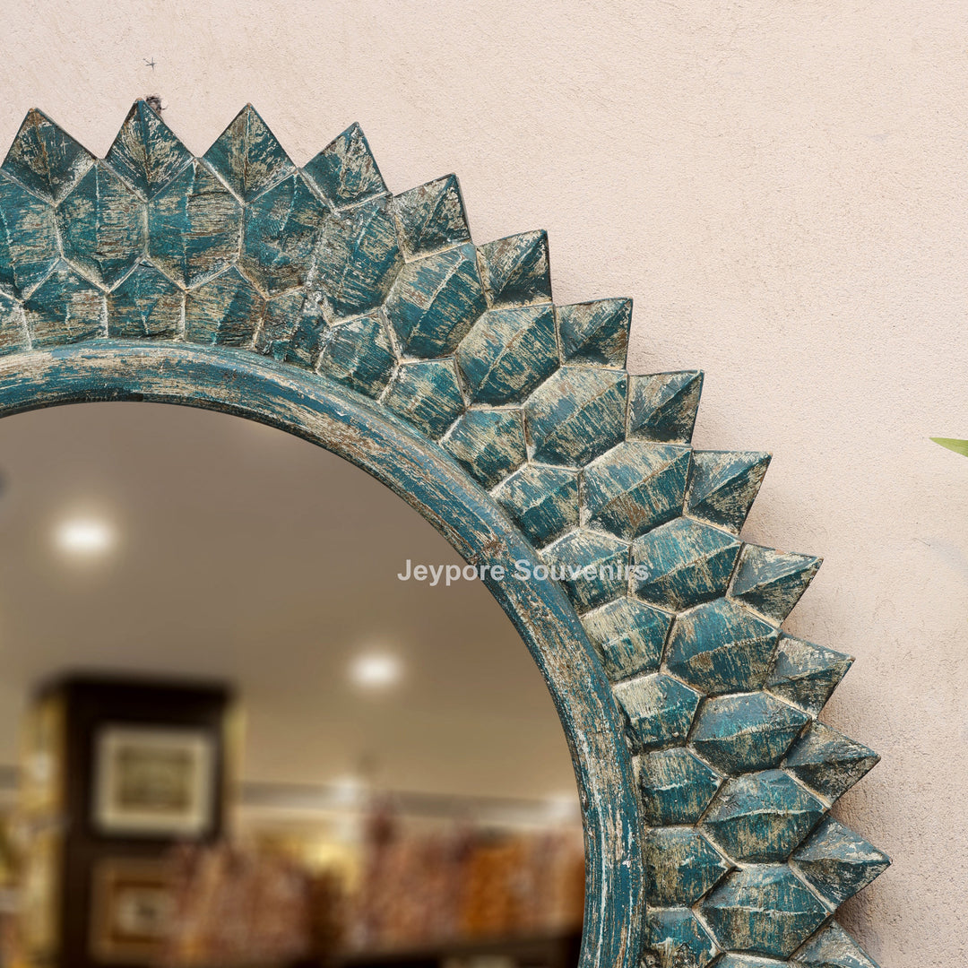Hand-Carved Round Wooden Wall Mirror with Distressed Blue Finish