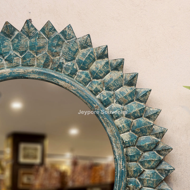 Hand-Carved Round Wooden Wall Mirror with Distressed Blue Finish