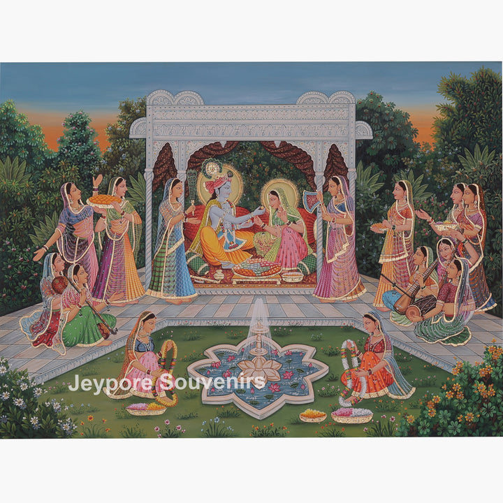 Hand-Painted Radha Krishna Canvas Painting with Gopi&