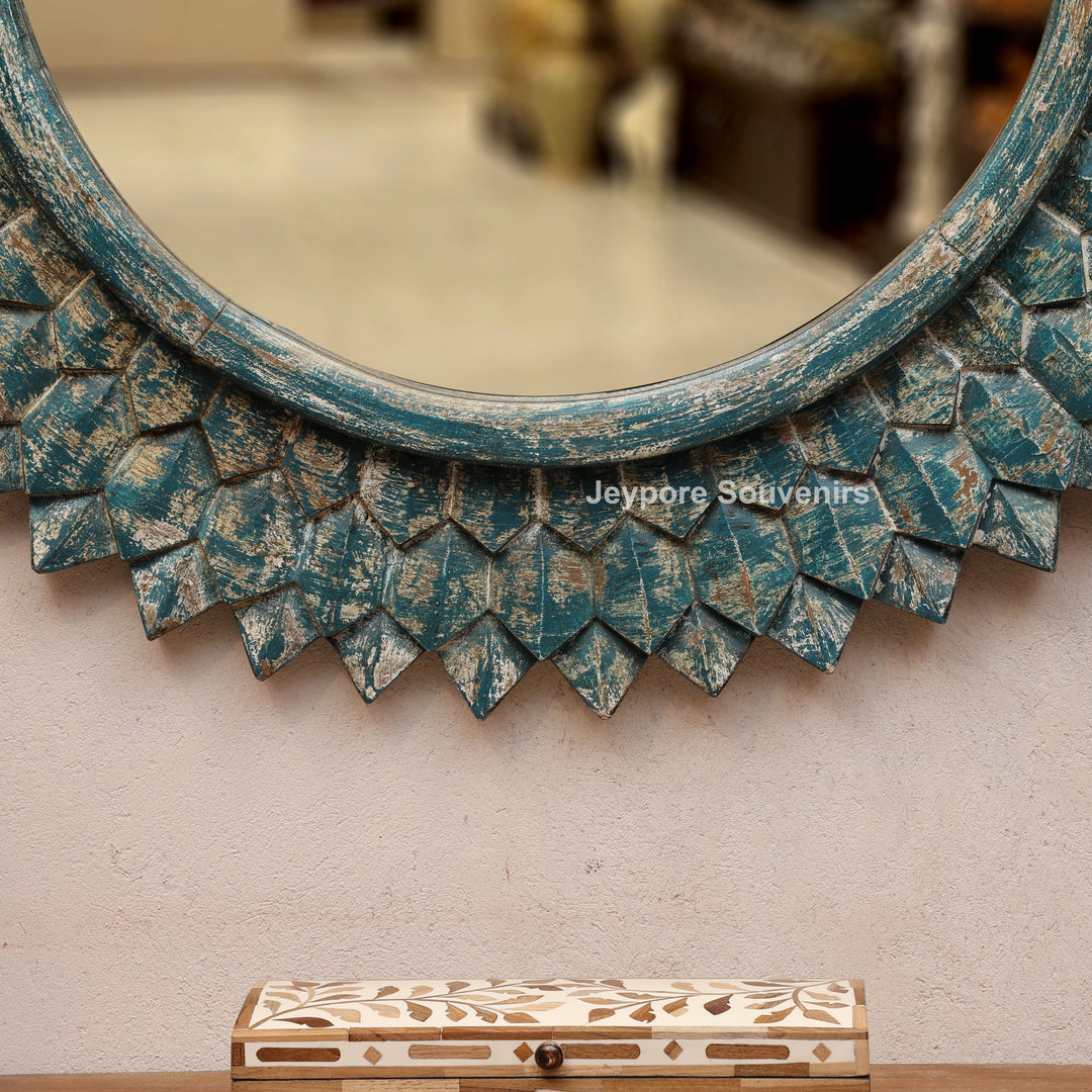 Hand-Carved Round Wooden Wall Mirror with Distressed Blue Finish