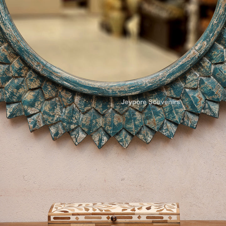 Hand-Carved Round Wooden Wall Mirror with Distressed Blue Finish
