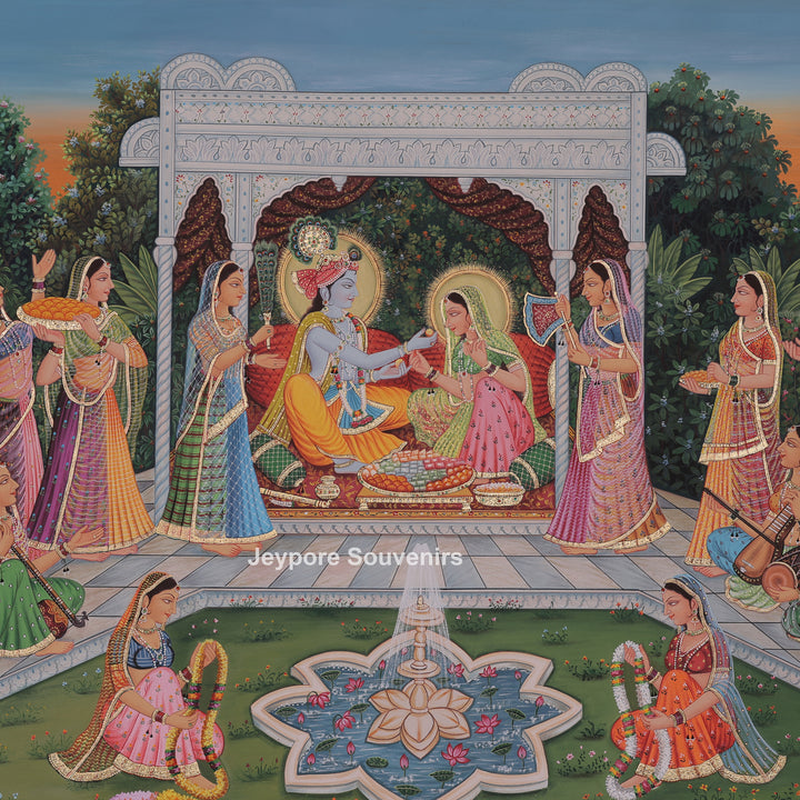 Hand-Painted Radha Krishna Canvas Painting with Gopi&